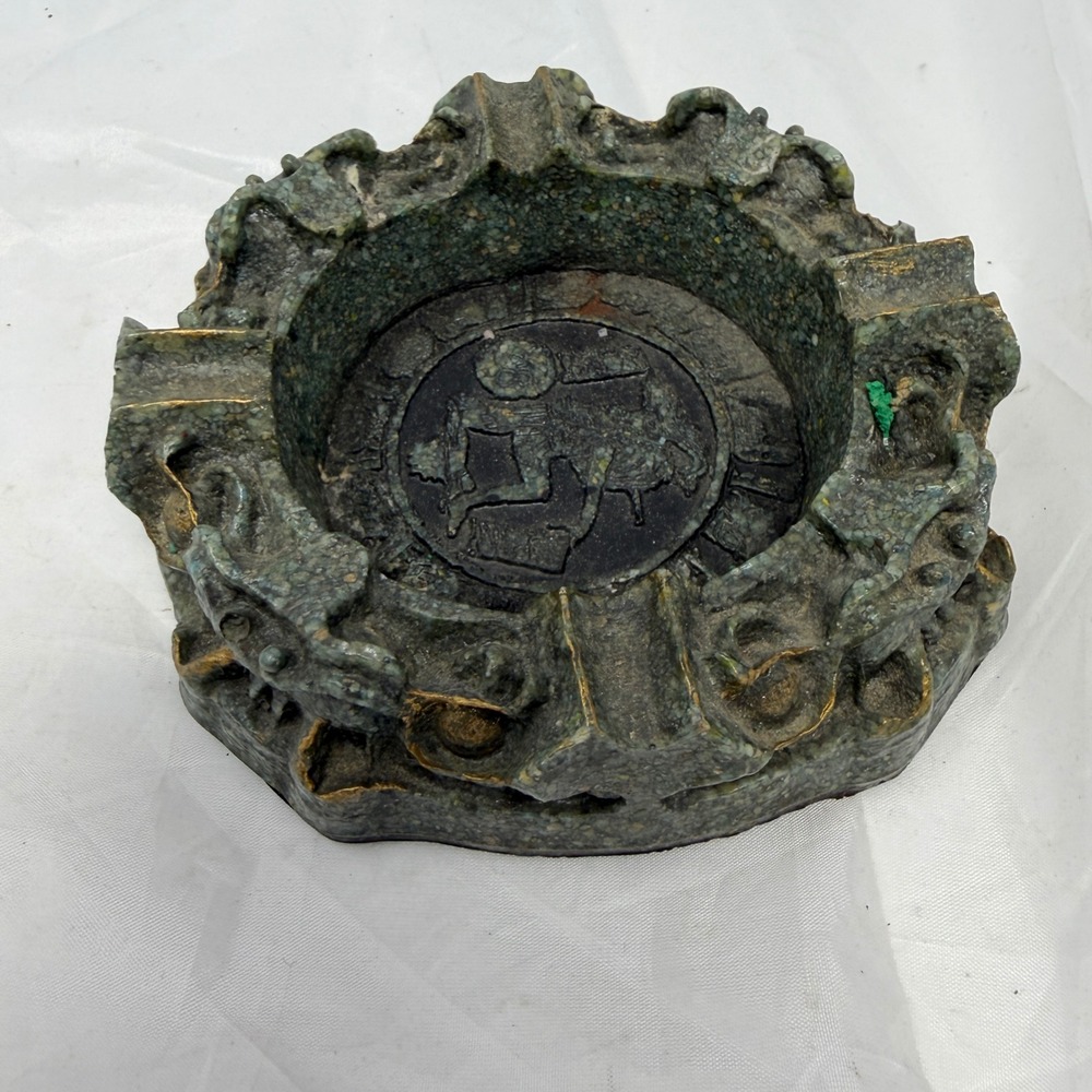 Vintage Mayan Aztec Calendar Dragon Faux Stone Resin Ashtray Green Gray 6 inch